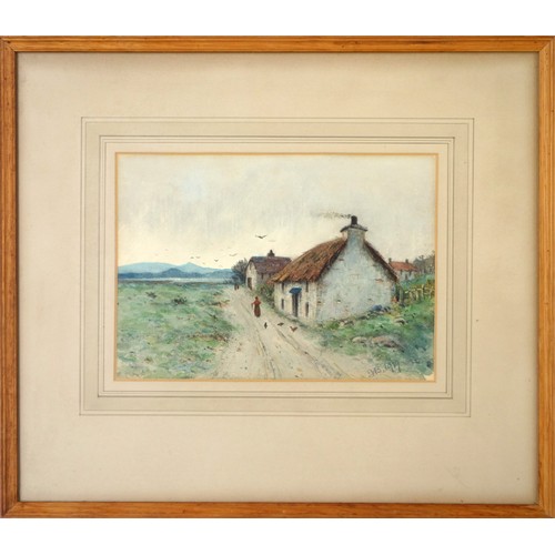 99 - Watercolour painting of a cottages and a figure with hens, monogrammed and dated 'JB 1919', Rowley G... 