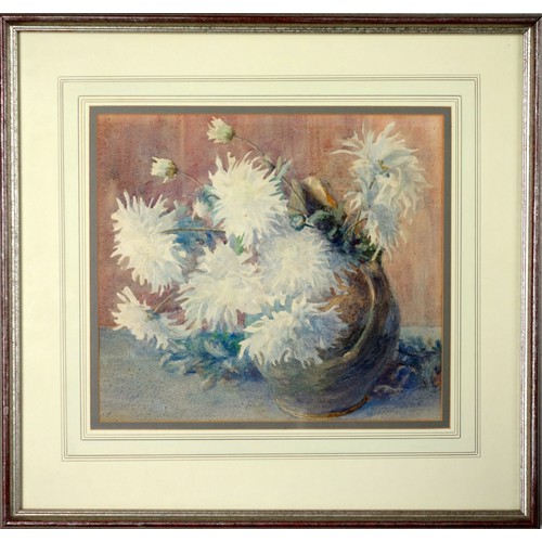 107 - Framed watercolour of white flowers in a vase, unsigned, 51.5 x 54.5cm.