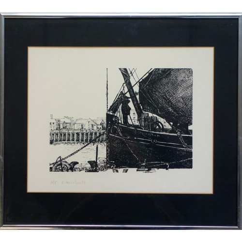 130 - Artists Proof linocut depicting 'Northdown ship, Oslo', signed indistinctly 'B.HenzSmith ?', framed,... 