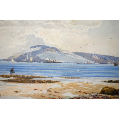 133 - William Pye (British, fl.1881-1908), 'Shore scene, with shipping', watercolour, signed and dated 189... 