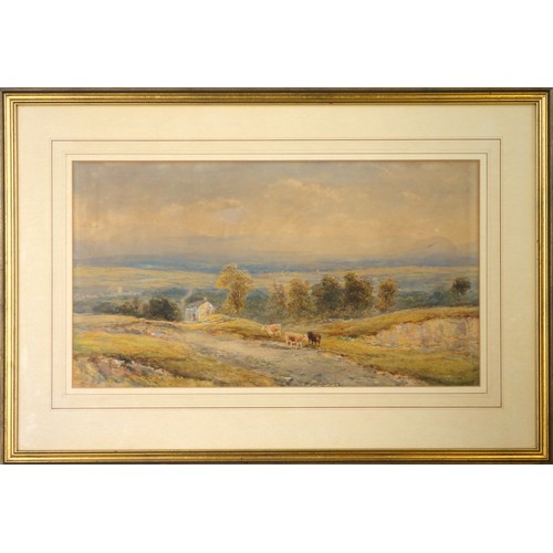 144 - E Tucker (British, 19th century), Cattle in a landscape, watercolour, signed lower left, frame: 50 x... 