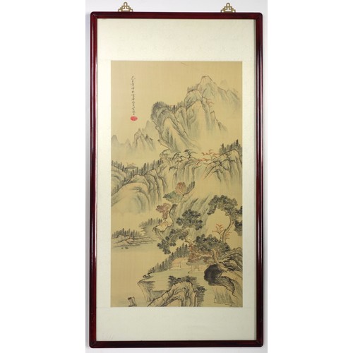 151 - Chinese watercolour on silk scroll with signature, in wooden frame with Hong Kong label verso, frame... 