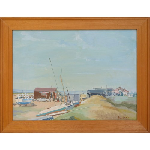 156 - Arnold de Soet (Belgian, 1924-1994), Suffolk beach scene, oil on board, signed lower right, framed, ... 