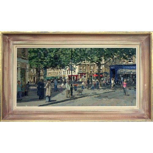 171 - Peter Brown (British, b.1967), 'Kingsmead Square 9am' (Bath), oil on canvas, in pink washed frame, g... 