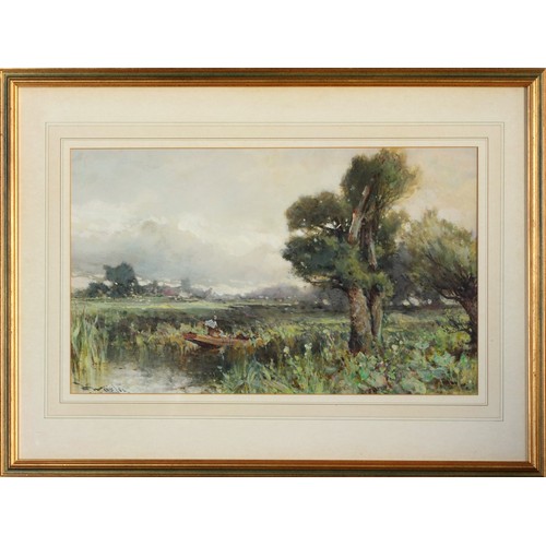 178 - Framed watercolour of an English landscape and figures punting, signed and dated indistinctly lower ... 