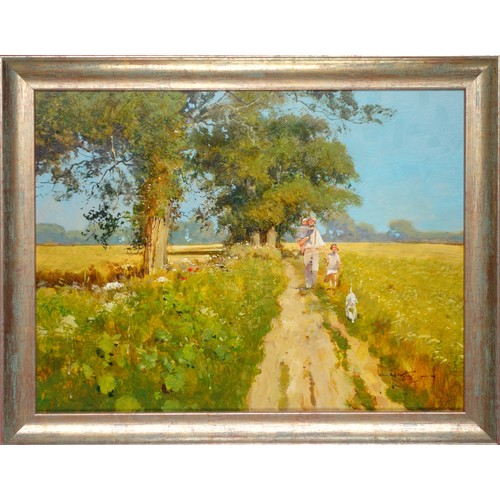 179 - John Haskins (British, b.1938), 'Country Walk', oil on board, signed lower right, frame 35 x 45cm.