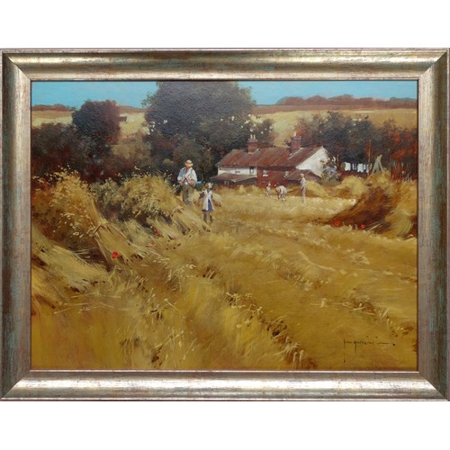 180 - John Haskins (British, b.1938), Harvesting scene, oil on board, signed lower right, frame 35 x 45cm.