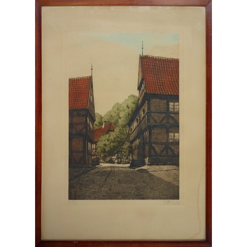 182 - Willem Leer, View of canal houses in Bruges, lithograph, signed lower right and marked as Artists Pr... 