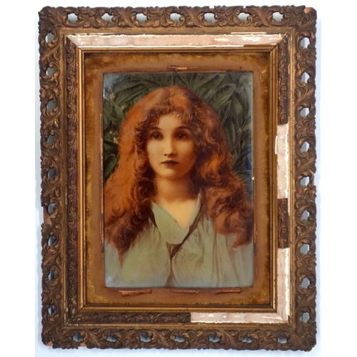 184 - After Henry Rylund, a convex glass crystoleum depicting a pre-Raphaelite style maiden, in frame (dam... 