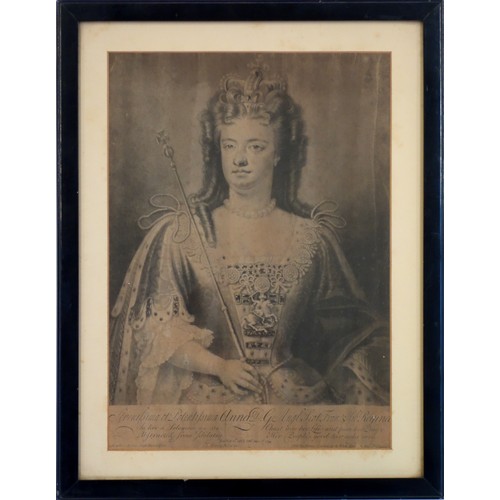 188 - Queen Anne portrait print by John Simon, after Sir Godfrey Kneller, framed, 35 x 25cm.