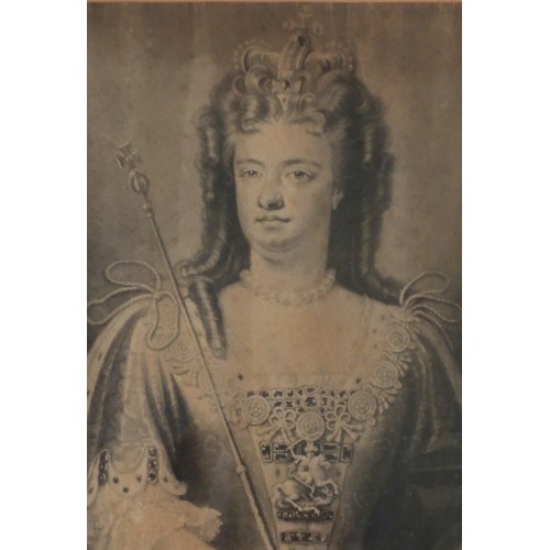 188 - Queen Anne portrait print by John Simon, after Sir Godfrey Kneller, framed, 35 x 25cm.