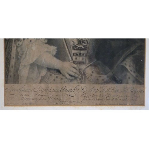 188 - Queen Anne portrait print by John Simon, after Sir Godfrey Kneller, framed, 35 x 25cm.