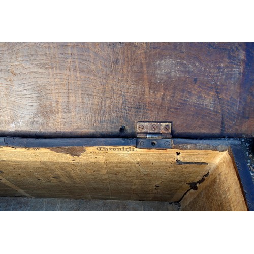 210 - 17th Century oak chest with a triple panelled front, fluted frieze, and later elm top, 64 x 119.5 x ... 