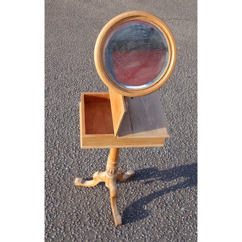 217 - Victorian elm shaving stand with an adjustable round mirror above a storage compartment with double ... 