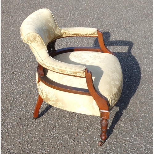 220 - Edwardian carved walnut open armchair with a pierced splat, the bow fronted seat, arms and back upho... 