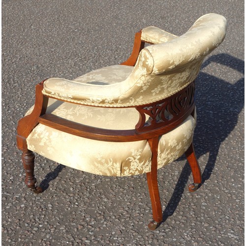 220 - Edwardian carved walnut open armchair with a pierced splat, the bow fronted seat, arms and back upho... 