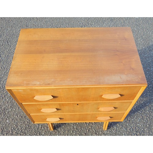 223 - Mid-Century teak chest of 3 drawers by Hunt, with moulded lipped handles and splayed tapering legs, ... 