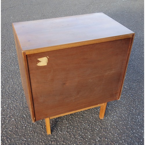 223 - Mid-Century teak chest of 3 drawers by Hunt, with moulded lipped handles and splayed tapering legs, ... 