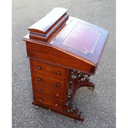 228 - Late Victorian inlaid walnut davenport, the sloping top inset with burgundy gilt tooled leather, enc... 