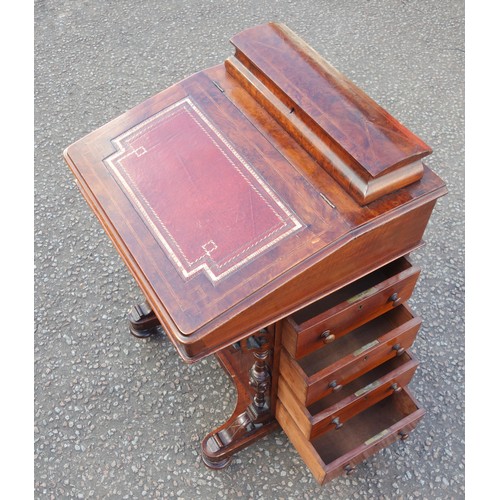 228 - Late Victorian inlaid walnut davenport, the sloping top inset with burgundy gilt tooled leather, enc... 