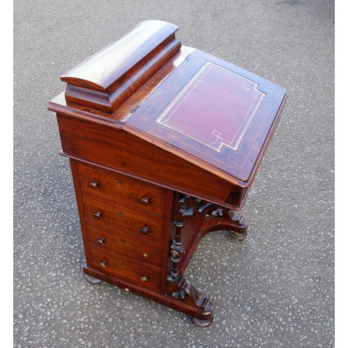 228 - Late Victorian inlaid walnut davenport, the sloping top inset with burgundy gilt tooled leather, enc... 