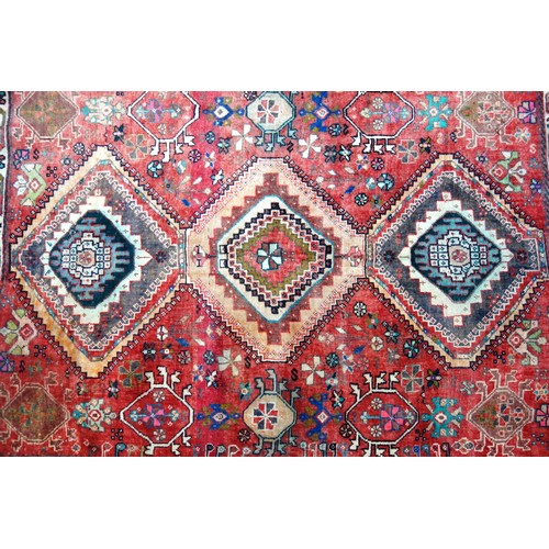 251 - Caucasian Lori Pambak Kazak rug, the abrashed madder field with 3 conjoined serrated medallions, fla... 