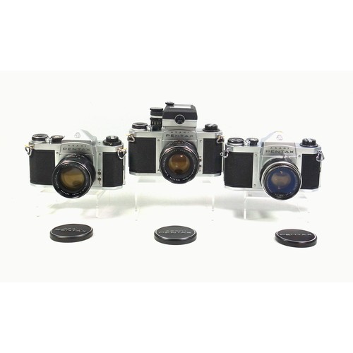 286 - Three Pentax cameras, SV, S1, and S1a, each with a lens. (6)