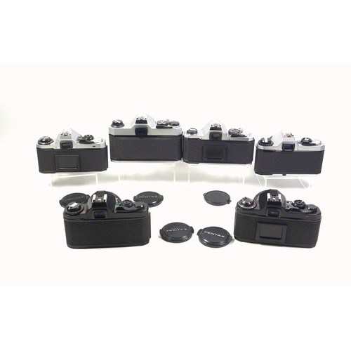 290 - 6 Pentax SLR cameras, ME Super, MG, MX, K1000, MV, and a ME Super (black), each with a lens. (12)