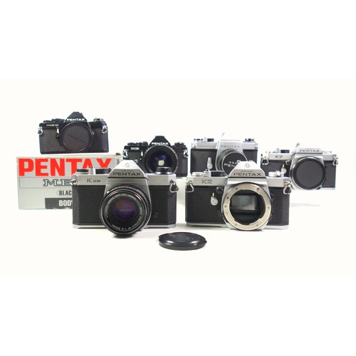 292 - 6 Pentax SLR cameras, MG, K2 (2), K1000, ME Super, and Spotmatic F, with 3 lenses. (9)