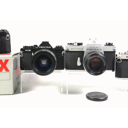 292 - 6 Pentax SLR cameras, MG, K2 (2), K1000, ME Super, and Spotmatic F, with 3 lenses. (9)