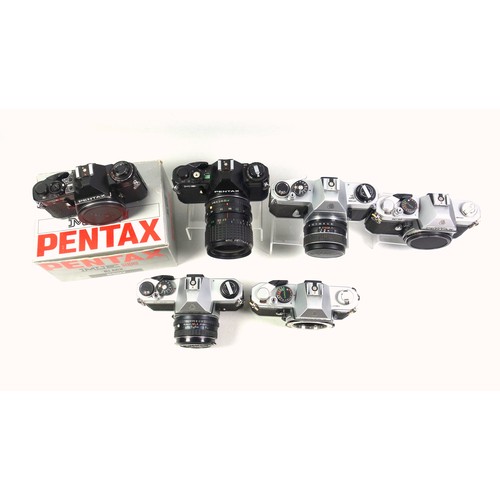 292 - 6 Pentax SLR cameras, MG, K2 (2), K1000, ME Super, and Spotmatic F, with 3 lenses. (9)