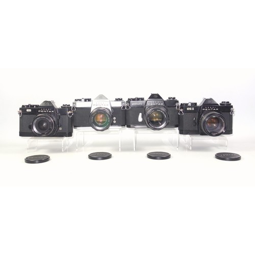 294 - 6 Pentax Spotmatic 35mm SLR cameras, SPII (2), SP500, SP, ES, ESII, with 5 lenses. (11)