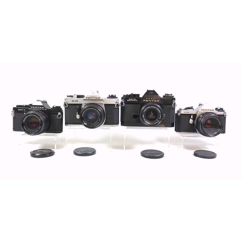 298 - 6 Pentax 35mm SLR cameras, SP, ES, KM, ME, MV1, and ME Super, each with a lens. (12)