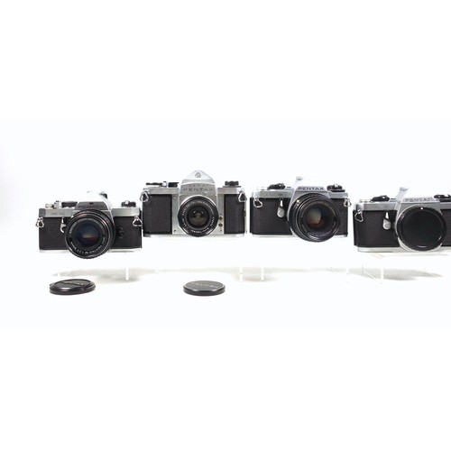 299 - 6 Pentax 35mm SLR cameras, MX, ME Super, ES, H2, MEF, and SP500, with 3 lenses. (9)