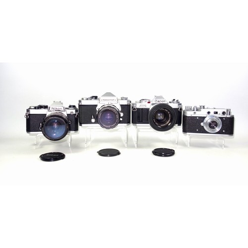 301 - Mixed lot of 5 cameras comprising Nikon FE, Nikkormat FT N, Zorki, Canon AV1 and a Zeiss Ikon Nettar... 