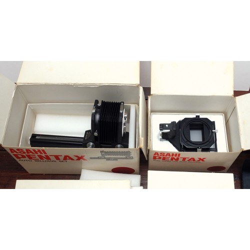 303 - Pentax Auto Bellows Set and Slide Copier, Micro Scope Adapter, Flash gun, and 3 other accessories, m... 