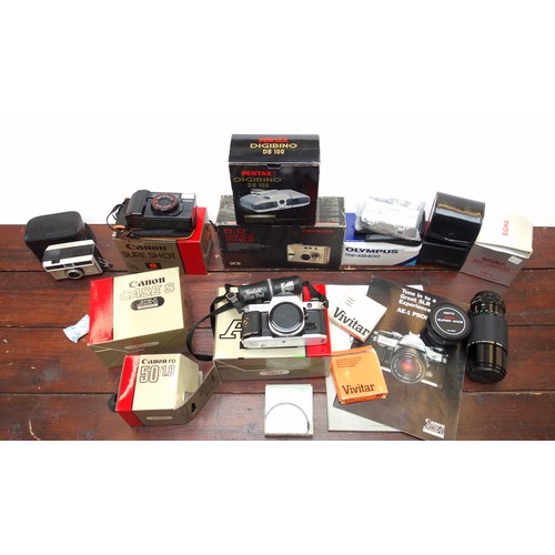 310 - Canon AE-1 Program 35mm SLR camera, 50mm 1.8 lens, Sure Shot, and case, all boxed; Pentax Digibino D... 