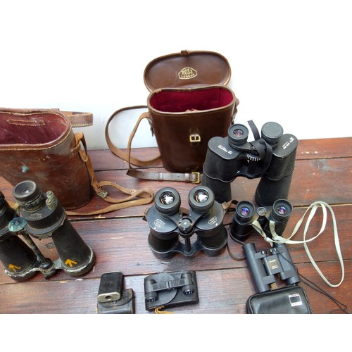 316 - Zeiss 8 x 20 B binoculars, cased; East German Zeiss 8 x 32; Ross London Stepmur 10 x 50, cased; 3 ot... 