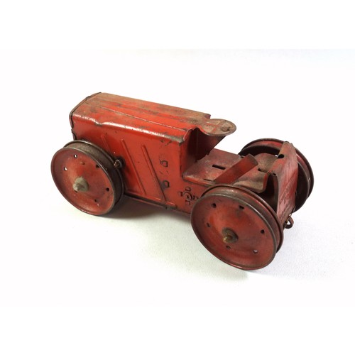 322 - Triang Tractor No.2 tinplate clockwork toy, L.21cm; silvered brass Mercury/Hermes car mascot, H.16.5... 