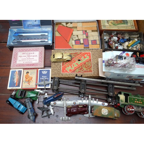 334 - Dinky Long Range Bomber, play-worn cars, O Gauge clockwork L.N.E.R. 2900 steam train, set of Anchor ... 