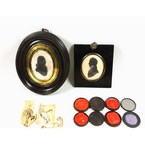 344 - 18th Century silhouette portrait of a gentleman facing right, painted on plaster, oval 9.5 x 7.7cm, ... 