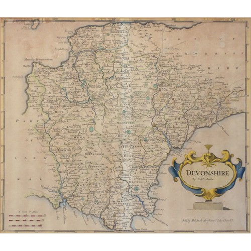 366 - Robert Morden a hand-coloured map of Devonshire, sold by Abel Swale Awnsham & John Churchil, framed,... 