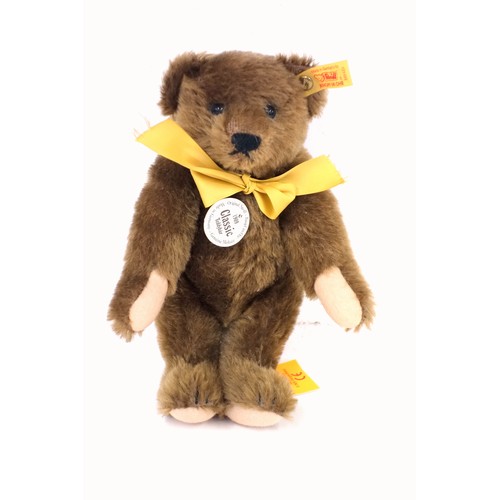 336 - Steiff Classic Teddy Bear 1909 with labels and gold stud, two Harrods bears and two TY Beanie babies... 