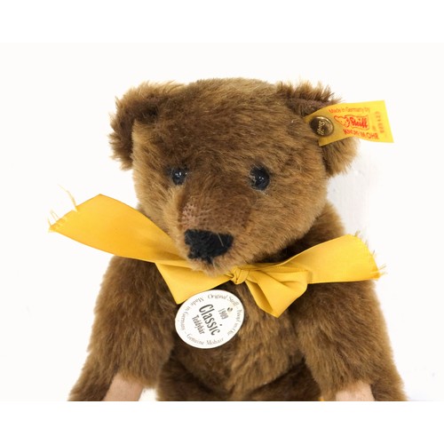 336 - Steiff Classic Teddy Bear 1909 with labels and gold stud, two Harrods bears and two TY Beanie babies... 