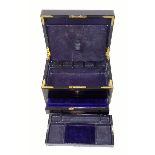 348 - Victorian fine ladies ebony toilet box with inset brass handles and monogram, the hinged top disclos... 