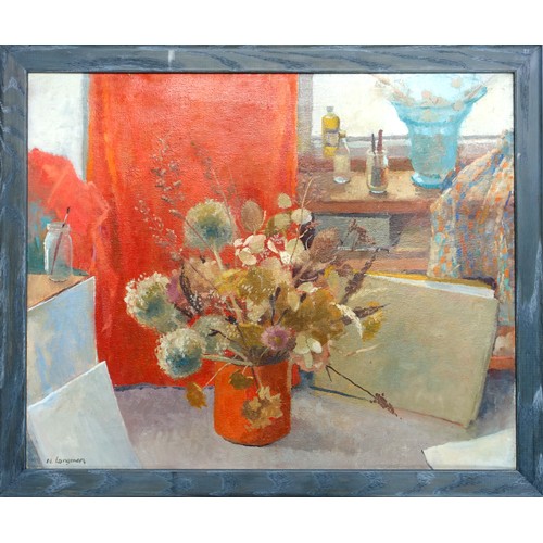 196 - N. Longman (British, 20th Century) still life of flowers in a studio, oil on canvas, 49.5 x 61cm, in... 