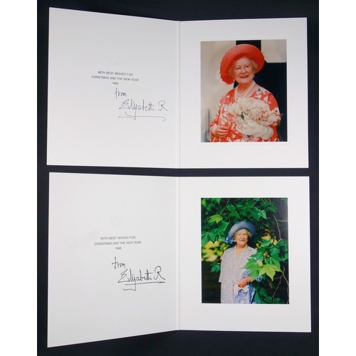 390 - H.M. Queen Elizabeth The Queen Mother, signed Christmas and New Year cards, each with gilt cypher to... 