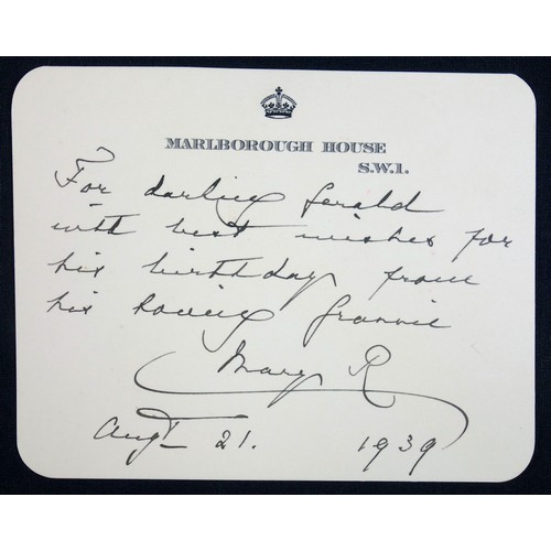 427 - H.M. Queen Mary of Teck, wife of King George V: a 'Marlborough House' headed notecard, handwritten i... 