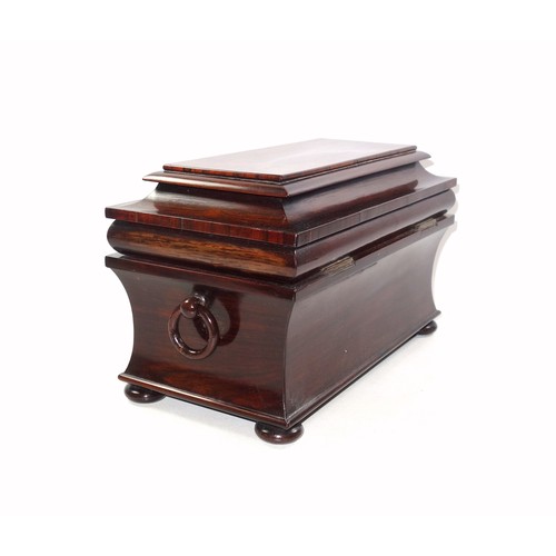 469 - George IV rosewood tea chest with a waisted body, the hinged cover enclosing 2 removable canisters f... 