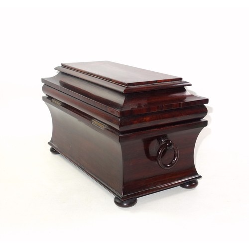 469 - George IV rosewood tea chest with a waisted body, the hinged cover enclosing 2 removable canisters f... 